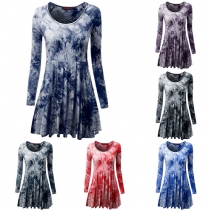 Fashion Printed Round Neck Long Sleeve Gathered Waist Pleated Dress