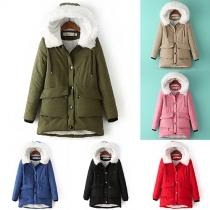Fashion Long Sleeve Hooded Fur Collar Single-breasted High-low Hemline Padded Coat