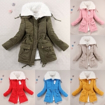 Sweet 2 Side Pockets Lapel Long Sleeve Drawstring Waist Warm Padded Coat