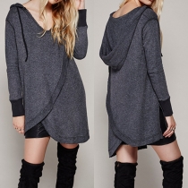 Fashion Contrast Color Long Sleeve V-neck Hooded Irregular Hemline Sweatshirt