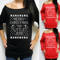 Fashion Long Sleeve Oblique Shoulder Christmas Printed Pullover Sweater