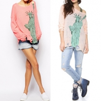 Casual Round Neck Long Sleeve Hole Hem Knit Printed Sweater