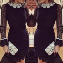 Elegant Round Neck Long Sleeve Hook Flower Hollow Out Lace Dress
