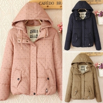 Sweet Long Sleeve Front Zipper Dots Printed Detachable Hoodie Coat