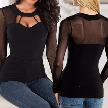 Sexy Solid Color Gauze Spliced Hollow Out Round Neck Long Sleeve T-shirt