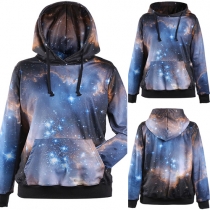 Fashion Starry Sky Printed Front Pocket Long Sleeve Hooded Sweatshirt