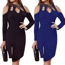 Elegant Beads Hollow Out Cold Shoulder Long Sleeve Slit Hem Dress