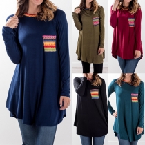 Casual Style Printed Pocket Spliced Round Neck Long Sleeve Tops