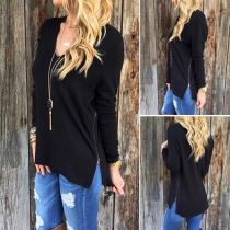Fashion Solid Color V-neck Long Sleeve Side Zipper Loose-fitting Tops