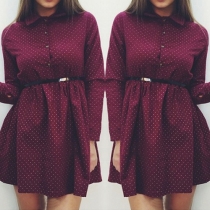 Fashion Dots Printed Single-breasted Lapel Long Sleeve Gathered Waist Dress