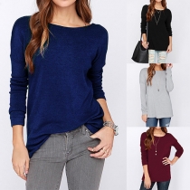 Sexy Solid Color Round Neck Long Sleeve Backless T-shirt