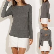 Sexy Solid Color Round Neck Long Sleeve Back Crossover Irregular Hemline T-shirt