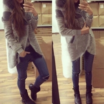 Fashion Contrast Color 2 Side Pockets Fur Collar Long Sleeve Coat