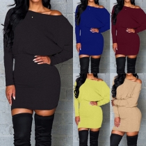 Sexy Solid Color Oblique Shoulder Long Sleeve Elastic Waist Dress