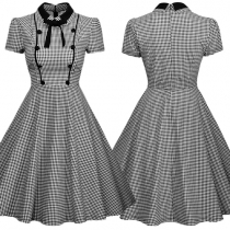 Retro Style Houndstooth Printed Lapel Short Sleeve Bowknot Gathered Waist Dress