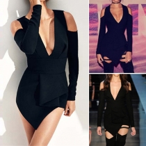 Sexy Solid Color Deep V-neck Long Sleeve Cold Shoulder Irregular Hemline Dress