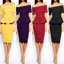Sexy Solid Color Off Shoulder Short Sleeve Peplum Dress