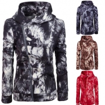 Trendy Printed Oblique Zipper Long Sleeve Hooded Women's Sweatshirt