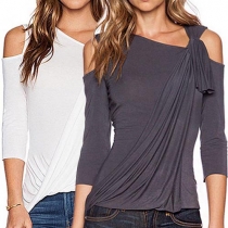 Sexy Solid Color Cold Shoulder 3/4 Sleeve Irregular Hemline T-shirt
