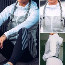 Casual Style Contrast Color Front Zipper Long Sleeve Hooded Sweatshirt Jacket
