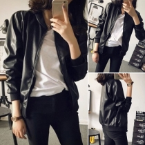 Fashion Solid Color Stand Collar Long Sleeve Front Zipper PU Jacket