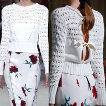 Fashion Round Neck Long Sleeve Hollow Out Back Bowknot Knit Sweater