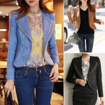 Fashion Solid Color Double-layer Zipper Lapel Long Sleeve Crop Jacket