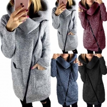 Fashion 2 Side Pockets Oblique Zipper Lapel Long Sleeve Coat For Women