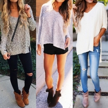 Stylish Solid Color V-neck Long Sleeve Side Slit High-low Hemline Tops