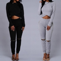 Sexy Solid Color Lapel Irregular Crop Tops + Knee Zip Fly Pants Two-piece Set