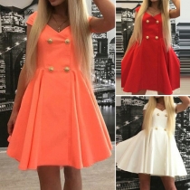 Fashion V-neck Short Sleeve Double-breasted High Waist Dress