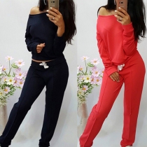 Casual Style Solid Color Round Neck Long Sleeve Drawstring Waist Sports Suit