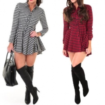 Fashion Lapel Long Sleeve Single-breasted High-low Hemline Lattice Dress