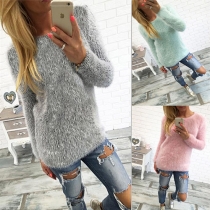 Casual Style Solid Color Round Neck Long Sleeve Fuzzy Tops