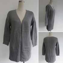 Stylish Solid Color V-neck Long Sleeve Knit Sweater Cardigan