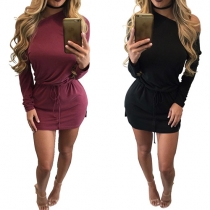 Sexy Solid Color Oblique Shoulder Long Sleeve Gathered Waist Dress