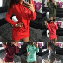 Casual Solid Color Front Lace-up Long Sleeve Slim Fit Dress