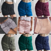 Fashion Solid Color 2 Side Pockets Front Lace-up Bust Skirt