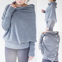 Stylish Solid Color Turtleneck Single-breasted Bat Sleeve T-shirt