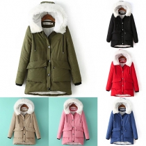 Sweet Style Long Sleeve Hooded Single-breasted High-low Hemline Warm Padded Coat