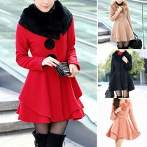 Elegant Fur Collar Long Sleeve Gathered Waist Woolen Coat For Women
