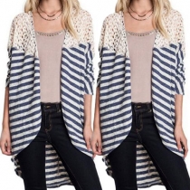 Fashion Lace Spliced Long Sleeve High-low Hemline Striped Knit Cardigan