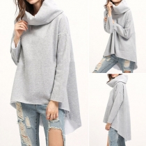Casual Style Solid Color Turtleneck Long Sleeve High-low Hemline Women's Sweatshirt