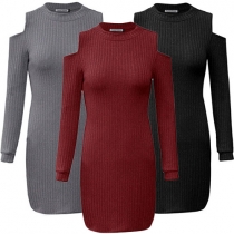 Sexy Solid Color Round Neck Long Sleeve Cold Shoulder Slim Fit Dress