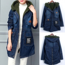 Fashion Front Zipper Hooded Long Sleeve Gathered Waist Denim Padded Coat