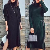 Fashion Solid Color Turtleneck Long Sleeve Side Slit Sweater Dress