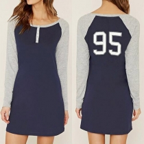 Casual Style Contrast Color Printed Round Neck Long Sleeve Dress