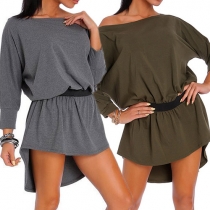 Casual Style Boat Neck Long Sleeve High-low Hemline Gathered Waist T-shirt Dress