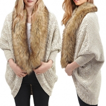 Fashion Fur Collar Bat Sleeve Knit Sweater Cardigan