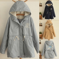 Sweet Embroidery Printed Long Sleeve Hooded Drawstring Waist Warm Padded Coat